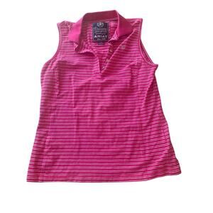 Women’s Ariat Pink Striped Sleeveless Polo Shirt Button Front Size Large